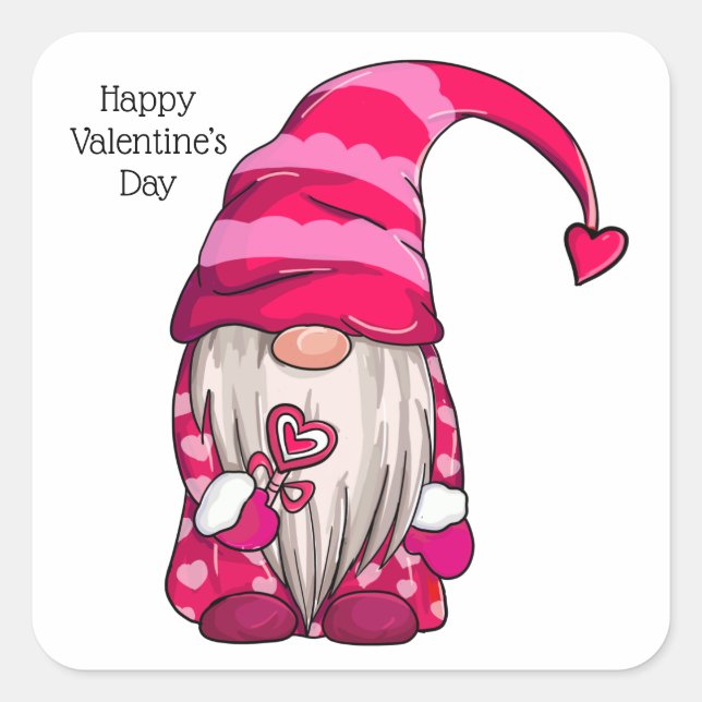 Happy Valentine’s Day Pink Gnome heart Square Sticker (Front)