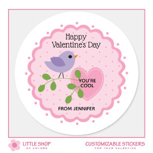 Happy Valentine’s Day Pink Heart with Bird Classic Round Sticker