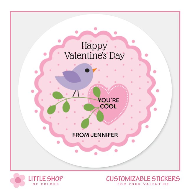 Happy Valentine’s Day Pink Heart with Bird Classic Round Sticker (Creator Uploaded)