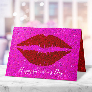 Happy Valentine’s Day Red Lips on Pink Glitter Holiday Card