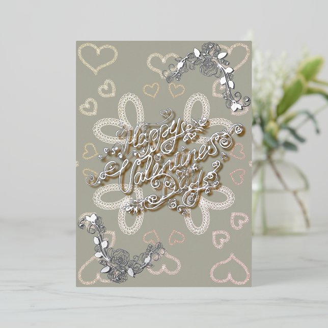 Happy Valentine’s Day silver lettering with roses (Standing Front)