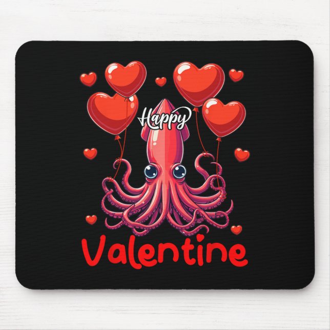 Happy Valentine Squid Holding Heart Bylloons Lover Mouse Pad (Front)