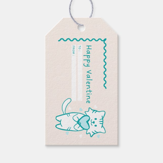 Happy Valentine Teal Kitty Gift Tags (Front)