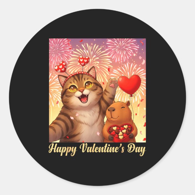 Happy Valentines 2026 Cute Cat Capybara Party Art  Classic Round Sticker (Front)