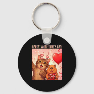 Happy Valentines 2026 Cute Cat Capybara Party Art  Key Ring
