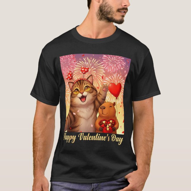 Happy Valentines 2026 Cute Cat Capybara Party Art  T-Shirt (Front)