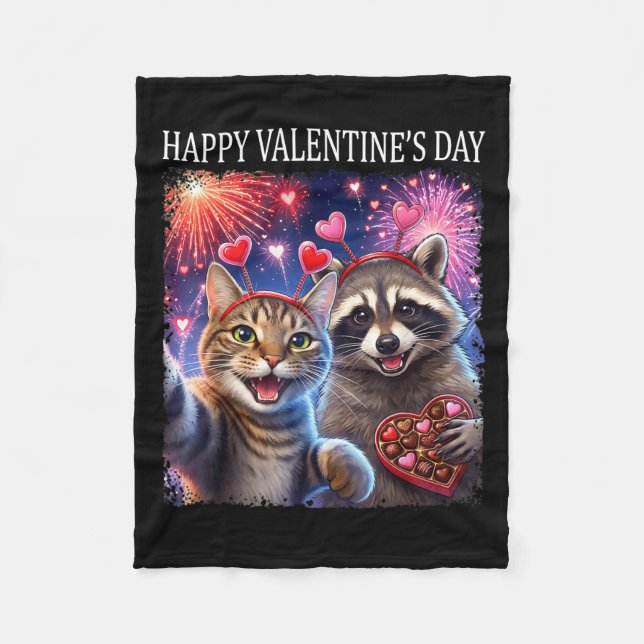 Happy Valentines 2026 Cute Cat Raccoon Party Art  Fleece Blanket (Front)