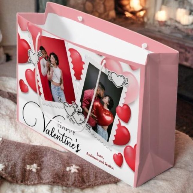 Happy Valentine's 4 Photo Collage Red Pink Hearts Large Gift Bag (Creator Uploaded)