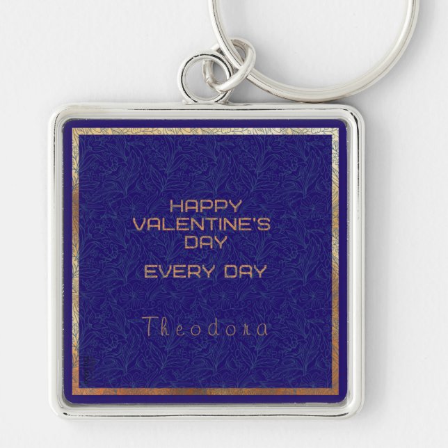Happy Valentine's Blue Watermark Gold Frame Text Key Ring (Front)