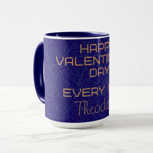 Happy Valentine's Blue Watermark Gold Frame Text Mug (Front Left)