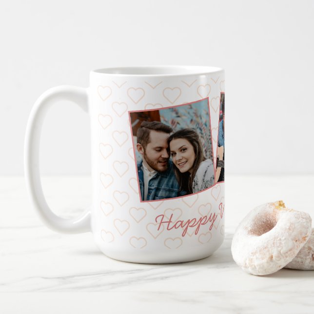 Happy Valentines Cute 3 Photo Heart Pattern Coffee Mug (With Donut)
