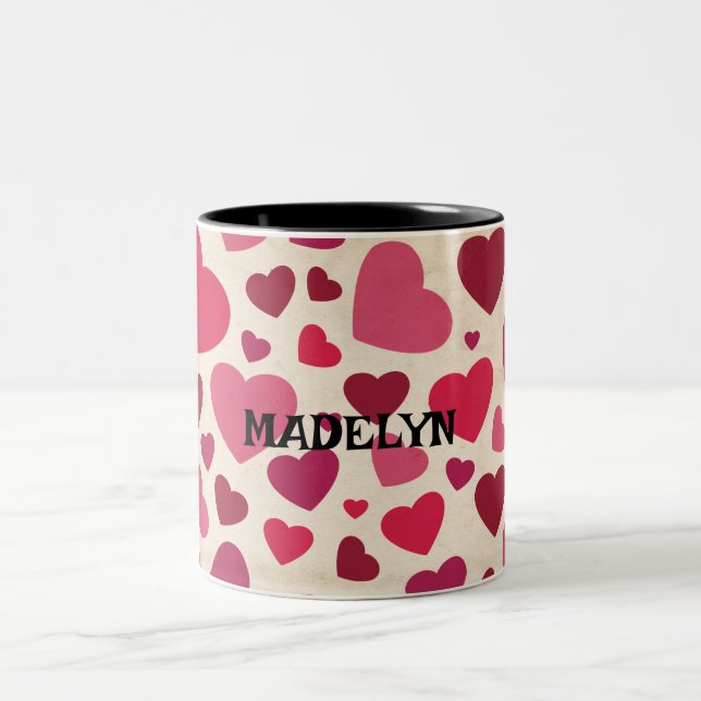 Happy valentine's cute red hearts  Two-Tone coffee mug (Center)
