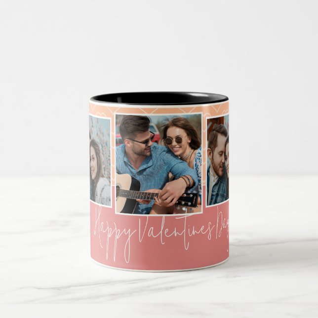 Happy Valentines Day 3 Photo Heart Pattern Two-Tone Coffee Mug (Center)
