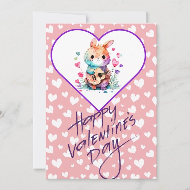 Happy Valentines Day, adorable pink tone bunny Holiday Card (Front)