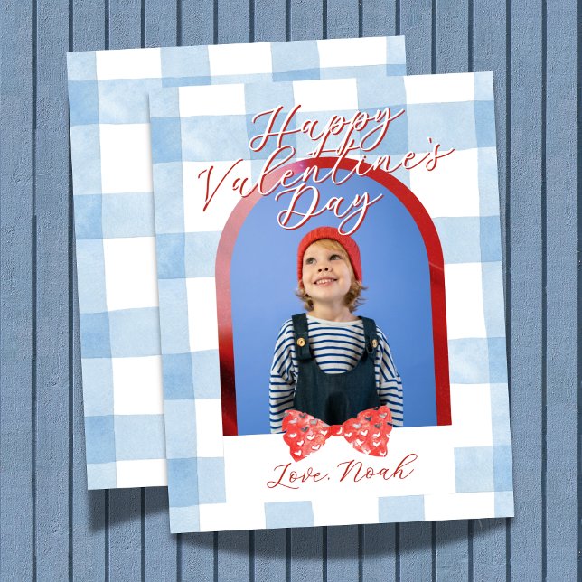 Happy Valentine's Day Arch Photo Blue Gingham Holiday Card (Send heart day greetings with this Happy Valentine's Day Arch Photo Blue Gingham Holiday Card! )