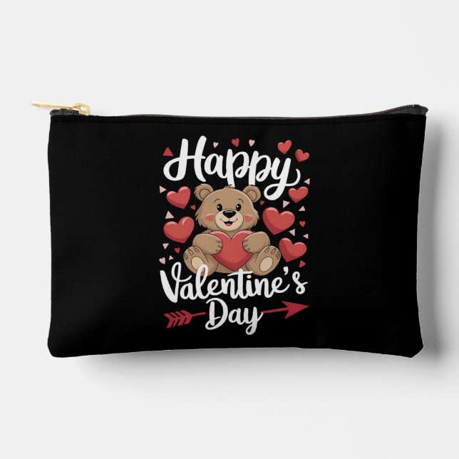 Happy Valentine's Day Bear Heart Cute Couples Accessory Pouch (Front)
