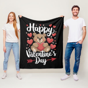 Happy Valentine's Day Bear Heart Cute Couples Fleece Blanket