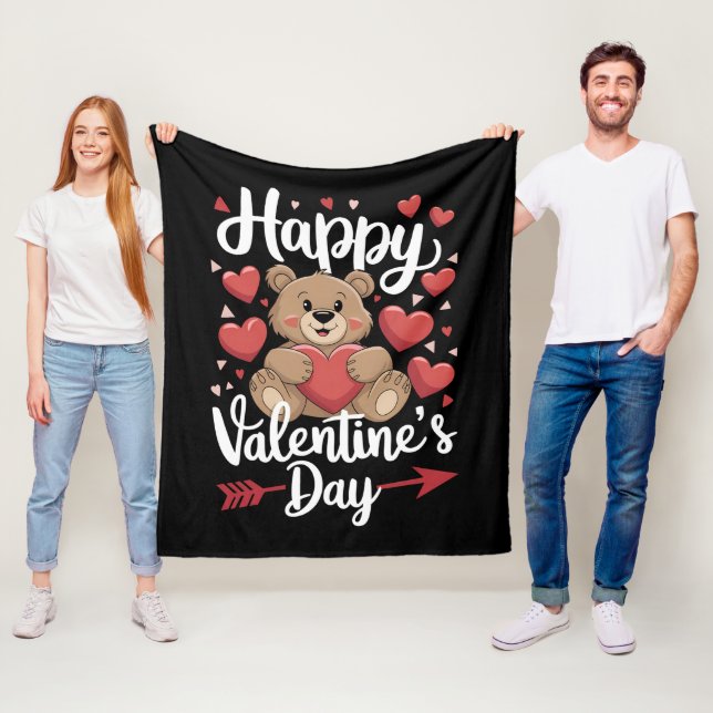 Happy Valentine's Day Bear Heart Cute Couples Fleece Blanket (In Situ)