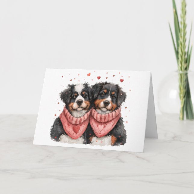 Happy Valentines Day Bernese Mountain Dogs Holiday Card (Front)