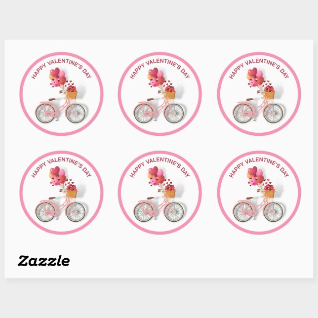 Happy Valentine's Day | Bicycle & Balloons  Classic Round Sticker (Sheet)