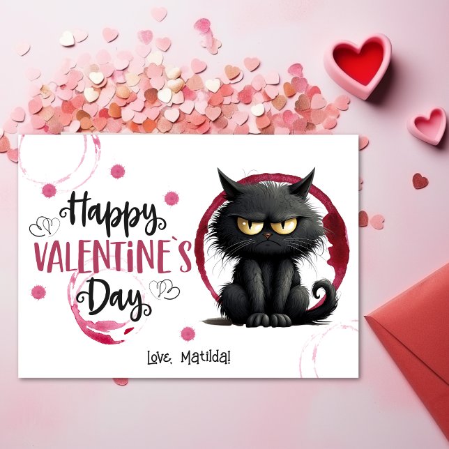 Happy Valentines Day Black Cat With Wine Stains Holiday Card (Creator Uploaded)