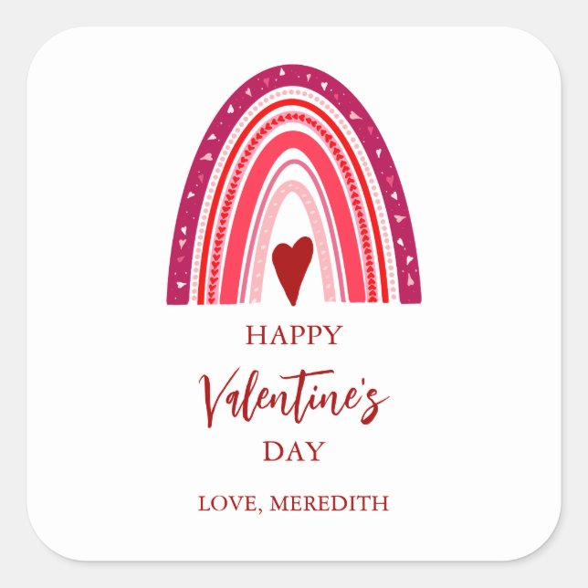 Happy Valentine's Day Boho Rainbow & Hearts Square Sticker (Front)