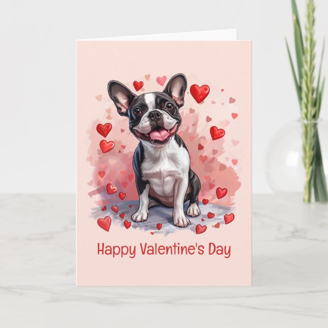 Happy Valentines Day Boston Terrier Dog Holiday Card (Front)
