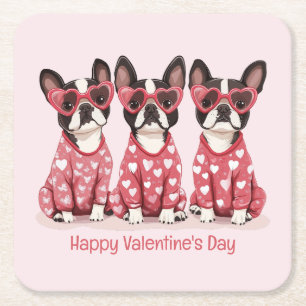 Happy Valentines Day Boston Terrier Dogs Square Paper Coaster