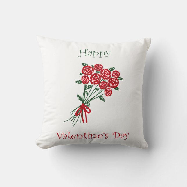 Happy Valentines Day Bouquet Of Red Flowers Cushion (Front)