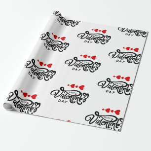 Happy Valentines Day calligraphy Red Hearts Arrows Wrapping Paper