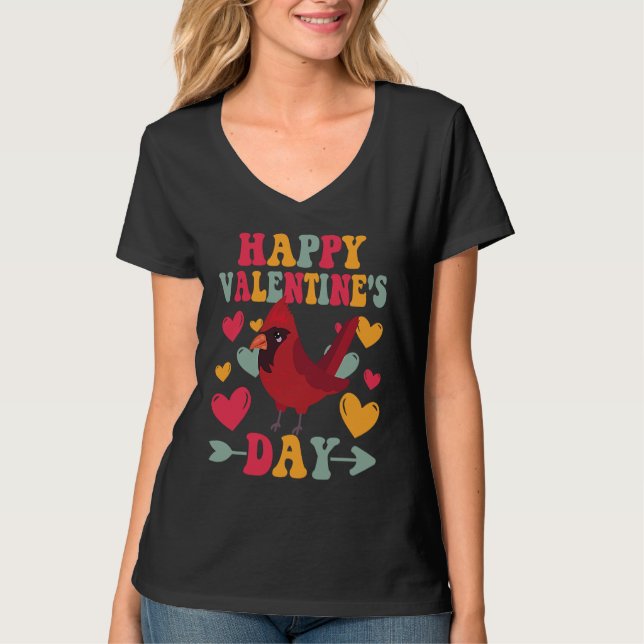 Happy Valentines Day Cardinal Heart Love Groovy T-Shirt (Front)