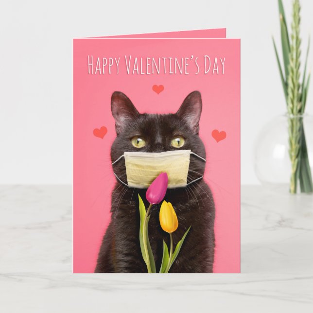 Happy Valentine's Day Cat in Face Mask With Flower Holiday Card (Front)