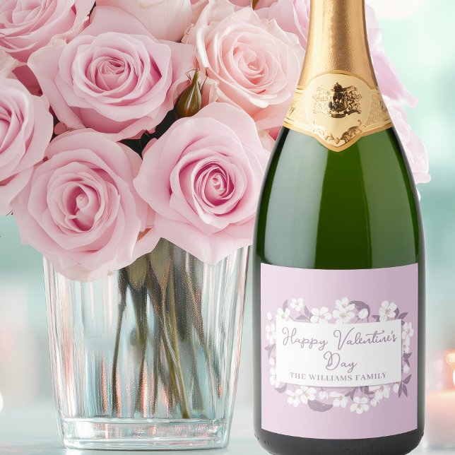 Happy Valentine's Day Chic Pink Floral Custom Sparkling Wine Label (Creator Uploaded)