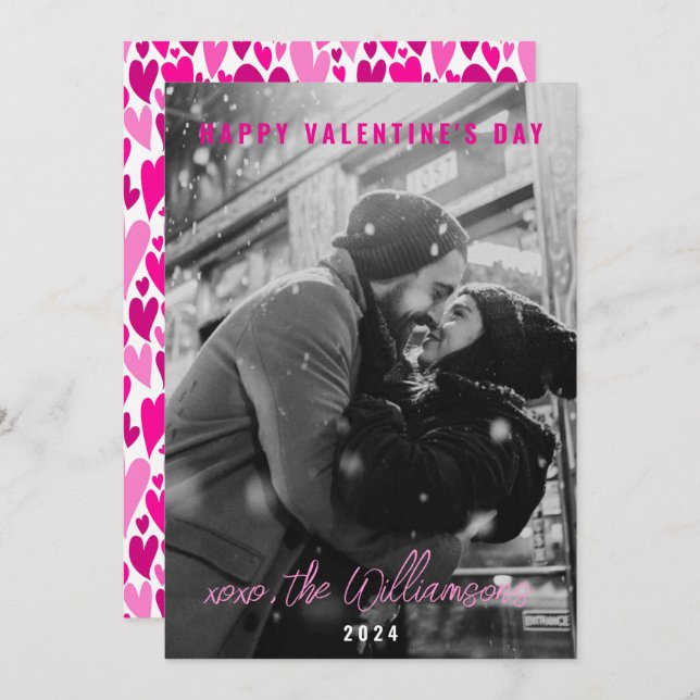 Happy Valentines Day Chic Pink Hearts Couple Photo Holiday Card (Front/Back)