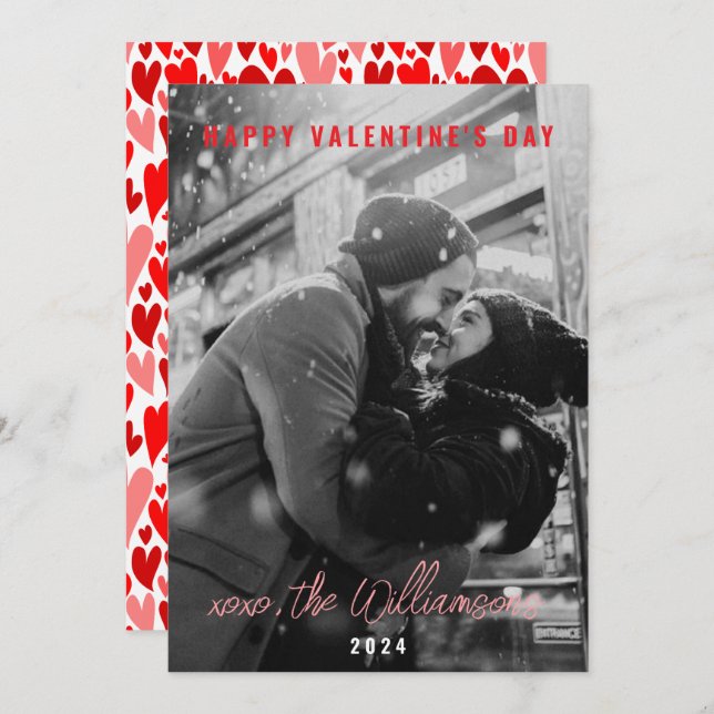 Happy Valentines Day Chic Red Hearts Couple Photo Holiday Card (Front/Back)