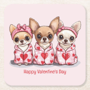 Happy Valentines Day Chihuahua Dogs Square Paper Coaster