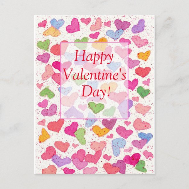 Happy Valentine's Day Colourful Watercolor Hearts Holiday Postcard (Front)