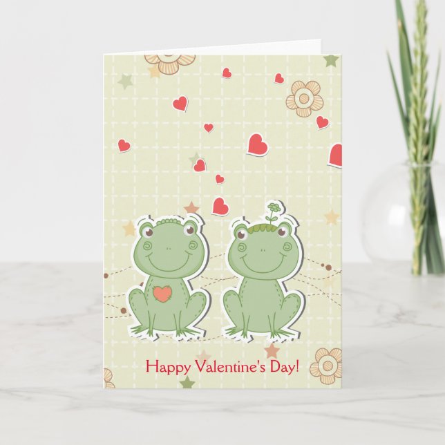 Happy Valentine's Day Courting Frogs Red Hearts Holiday Card (Front)
