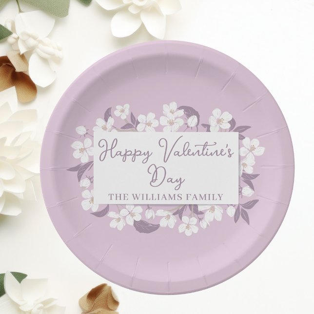 Happy Valentine's Day Custom Pink Floral Party Paper Plate (Creator Uploaded)