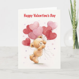 Happy Valentine's Day, Cute Bear Holding Balloons. Card