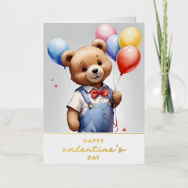 Happy Valentine's day Cute Bear With Balloons Foil Holiday Card (Front)