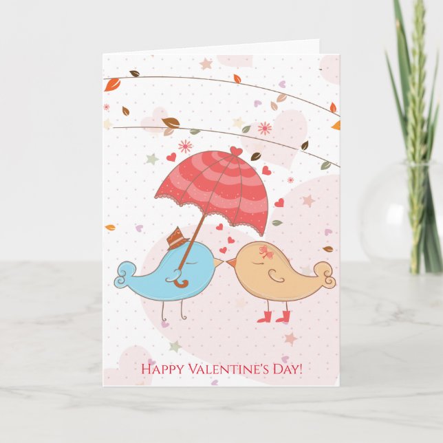 Happy Valentine's Day Cute Birds Hearts Umbrella Holiday Card (Front)