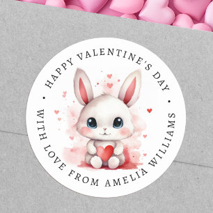 Happy Valentines day cute bunny holding heart Classic Round Sticker