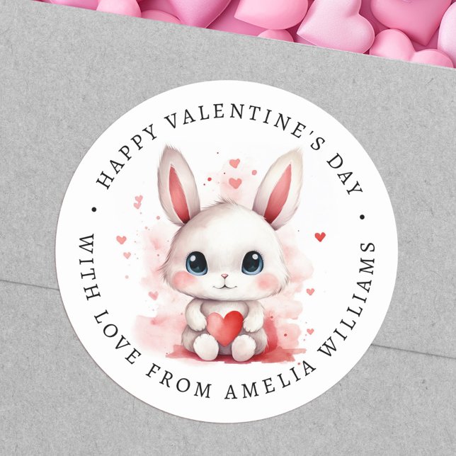 Happy Valentines day cute bunny holding heart Classic Round Sticker (Happy Valentines day cute bunny holding heart Classic Round Sticker)