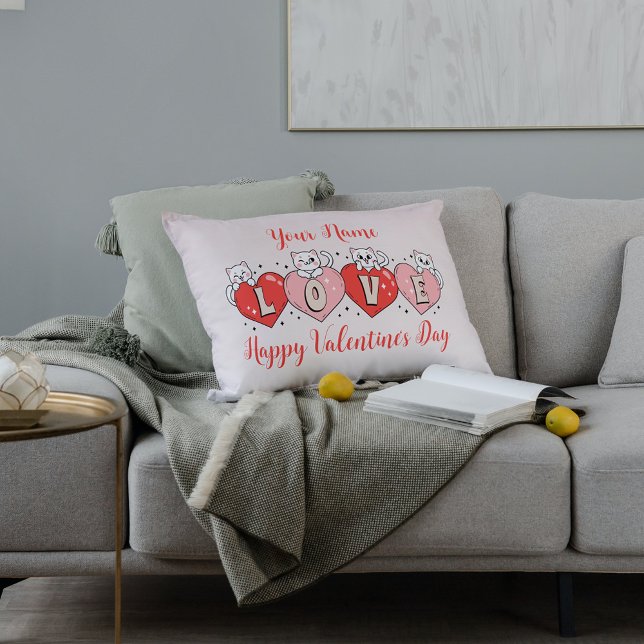 Happy Valentine's Day, Cute Cats With Hearts Lumbar Cushion (Creator Uploaded)
