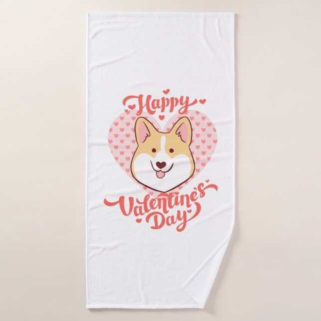 Happy Valentines Day Cute Corgi Dog Bath Towel (Bath Towel)