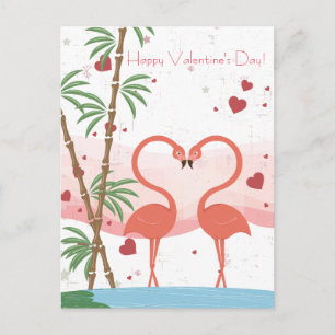 Happy Valentine's Day Cute Flamingo Hearts Bamboo Holiday Postcard
