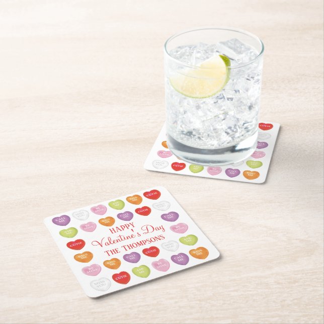 Happy Valentines Day Cute Heart Whimsical Square Paper Coaster (Insitu)