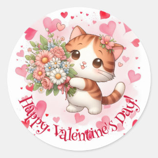 Happy Valentine's Day Cute Kitty Hearts Classic Round Sticker