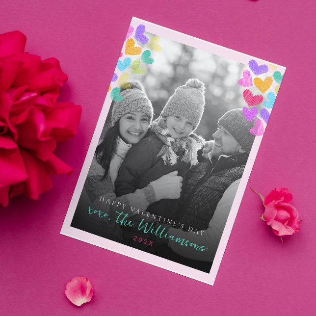 Happy Valentines Day Cute Pastel Hearts Photo Holiday Card (Creator Uploaded)